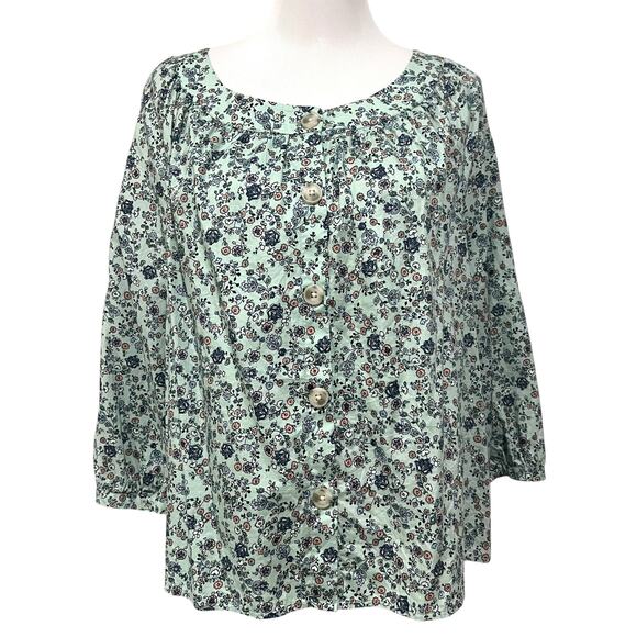 J. Jill Floral Peasant Top Blue Feminine Boho Cotton Button Up Womens Petite L - Picture 1 of 7
